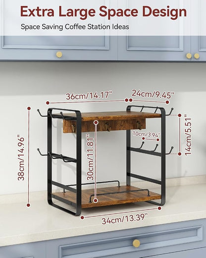 IBUYKE Coffee Bar Station Countertop Organizer,2 Tier Kitchen Mug Cup Holder Stand,Wooden Coffee Mug Organizer with 18 Hooks,Multifunctional Mug Tree for Home Kitchen, Office,Vintage Brown UTBJ006H