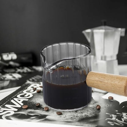 Espresso Measuring Cup 3 Oz, Espresso Glass Cups with Wood Handle, Milk Frothing Cup, Espresso Cup for Coffee, Milk, Tea or Maple Syrup Serving