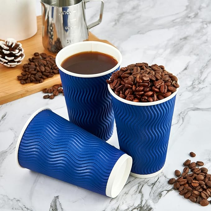 JollyPack 120 Pack 16 oz Paper Coffee Cups, Blue Disposable Beverage Cups with Insulated Ripple Wall for Coffee, Tea, and Hot Chocolate