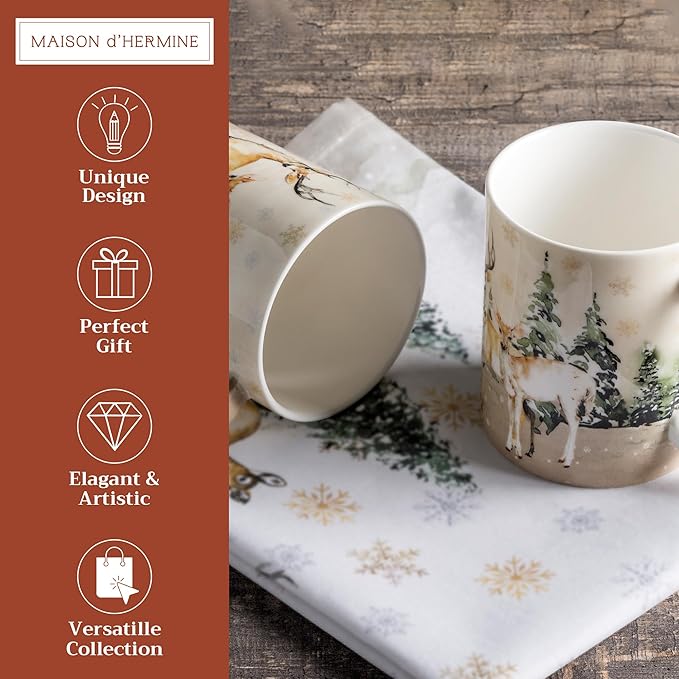 Maison d' Hermine Coffee Mug with Handles Fine Bone China Mugs Pack of Two Tea Cups for Hot Beverages Cappuccino Latte Home Restaurant Office Perfect for Gift (Deer In The Woods, 12 Ounce)