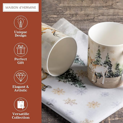 Maison d' Hermine Coffee Mug with Handles Fine Bone China Mugs Pack of Two Tea Cups for Hot Beverages Cappuccino Latte Home Restaurant Office Perfect for Gift (Deer In The Woods, 12 Ounce)