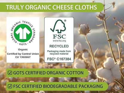 Organic Cheesecloth Bulk, GOTS Certified,10PCS,Grade 100,20x20Inch Hemmed Cheese Cloths Fabric Reusable Fine Mesh Cloth,100% Cotton Unbleached Muslin Bulk Cheesecloth Roll for Straining,Cooking,Yogurt