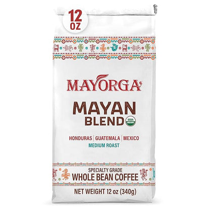 Mayorga Organic Coffee 12oz Mayan Blend - Medium Roast Whole Bean Specialty Grade Coffee, 100% Arabica, Slow Roasted, Chocolate and Floral Flavor with Low Acidity - USDA Organic, Non-GMO, Kosher