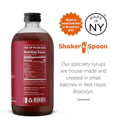 Shaker & Spoon Strawberry Syrup, 16oz Cocktail Syrup for Craft Cocktails, Mocktails, Non Alcoholic Drinks, Cocktail Mixers, Strawberry Lemonade, Soda Syrups