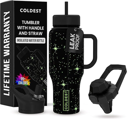 Coldest 40 oz Tumbler with Handle and Straw - 100% Leak Proof Insulated Tumbler with Lid and Straw (3 Lids) - Stainless Steel Tumblers for Women & Men - Cup Holder Friendly Base, 36 oz (Farther Away)