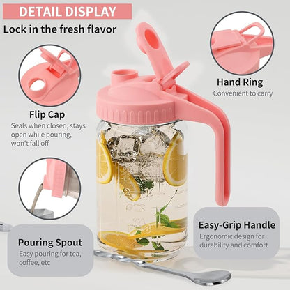 64oz Glass Pitcher with Lid &Pour Spout - 2 Quart Breastmilk Pitcher Double Leak Proof, Creamer Container for Sun Tea, Juice, Cold Brew Coffee, Breastmilk Storage Container -Pink Lid