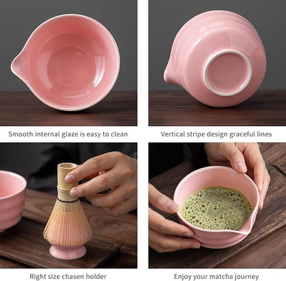 Matcha Set, Matcha Whisk Set Includes Matcha Bowl with Spout, Bamboo Whisk, Matcha Whisk Holder, Sifter, Scoop, Spoon Holder, Tea Towel- 7pcs Perfect Matcha Kit for Matcha Tea Ceremony (Pink)