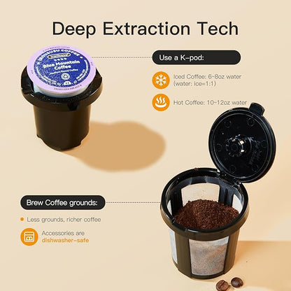Mini Hot and Iced Coffee Maker Single Serve, for K Cup and Ground, 6 to 14 Oz Brew Sizes, with Recipe Book, for Home, Travel, RV, Office and Dorm, Pearl White