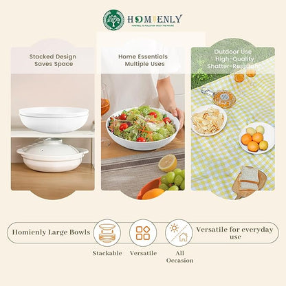 Homienly Wheat Straw Bowls,Large Salad Bowls Set of 2,Big bowls 60 OZ, Unbreakable Serving Bowls, Bowl Plates, Microwave & Dishwasher Safe Bowl Set for Outdoor, Kitchen, Serving, Camping (White)