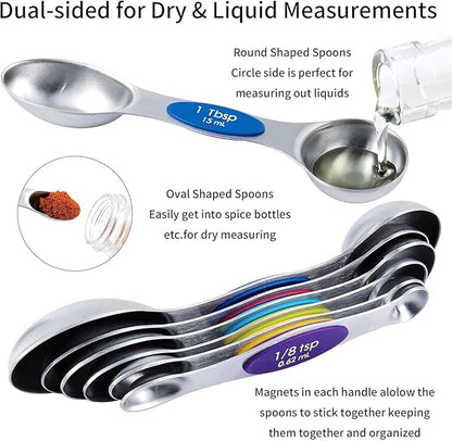 TILUCK measuring cups and magnetic measuring spoons set, stainless steel measuring cups, 6 double-sided stainless steel measuring spoons & 1 leveler(7+7)