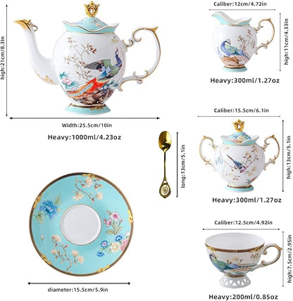ACMLIFE Fine Bone China Tea Set with Teapot, Porcelain Tea Sets for Adults, 21-Piece Vintage Tea Set for 6, 24K Gold Blue English Floral British China Tea Sets for Women Tea Party for Gifts