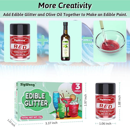 Edible Glitter Set, 3 Colors Luster Dust Edible Glitter, Food Grade Metallic Food Decorating Sprinkle Dust for Drinks Wine, Powder Glitter for Fondant, Chocolate, Candy, Cookie, 5g/0.18oz, Vegan