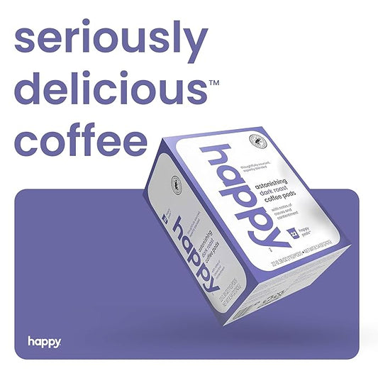 happy coffee dark roast coffee pods, 22 count, notes of cocoa & contentment, compatible with most K-cup brewers, rainforest alliance certified
