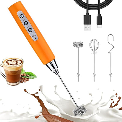 Nahida Orange Milk Frother Wand for Coffee, Frother Handheld Rechargeable Electric Whisk with 3 Heads 3 Speeds Drink Mixer Coffee Frother Foam Maker For Latte, Cappuccino, Hot Chocolate, Egg