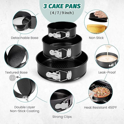 SHIKORI Cake Pan Set for Baking, Non-Stick Springform Pans Set of 3 (4, 7, 9 inch), Round Cake Pans,Cheesecake Pan, Leak-Proof Cake Pans with Removable Bottom (Red Set-3 Pcs)