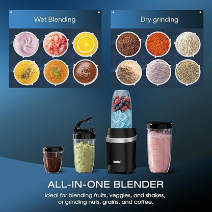 Nahida Blender for Smoothies, 1200W Smoothie Blender for Ices Crushing, Blenders with (2) 6-Fin Blades, Personal Blenders for Kitchen with 23oz, 32oz, 37oz Easy Go Cups for Juices, Black