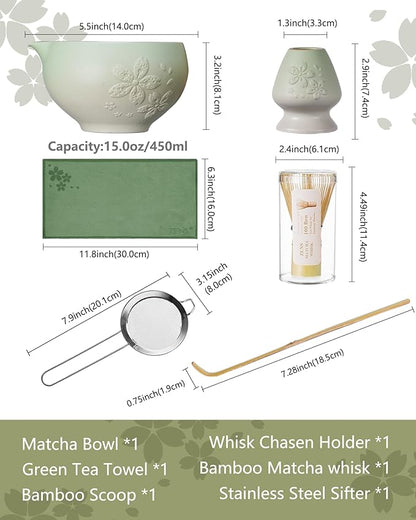 ZENS Matcha Whisk Set, Ceramic Matcha Tea Set with 15oz Sakura Bowl and Bamboo Whisk & Scoop, (Chasen Holder), Stainless Sifter-Tea Towel, 6pcs Matcha Kit for Matcha Lovers, Green