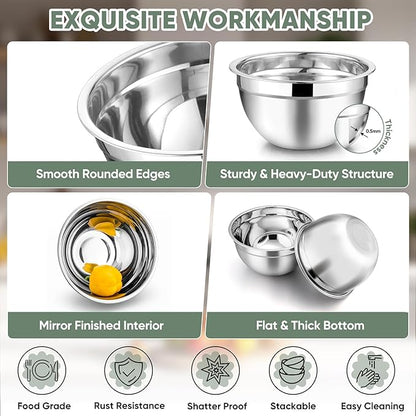 TeamFar Mixing Bowls with Lids, 5-Piece Stainless Steel Metal Nesting Salad Bowl for Mixing Prepping, Healthy & Heavy Duty, Airtight Lids & Dishwasher Safe, 4.5/3/1.5/1/0.7 QT-Khaki