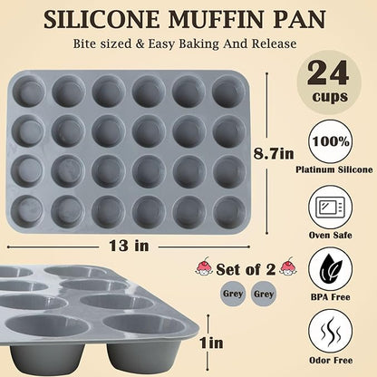 24 Cups Silicone Mini Muffin Pan Set, Nonstick Mini Cupcake Pans, BPA Free Small Muffin Tin for Baking, Set of 2 (Grey+Grey)
