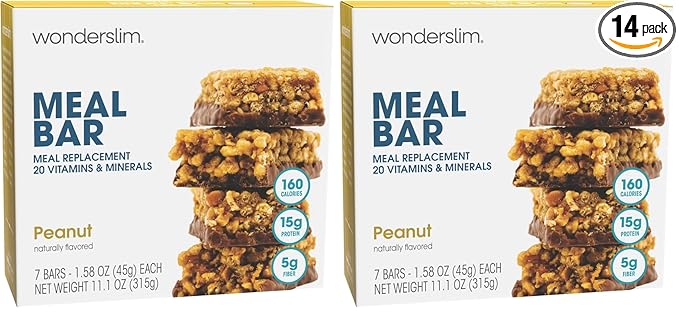 WonderSlim Meal Replacement Protein Bar, Peanut, 15g Protein, 20 Vitamins & Minerals, Gluten Free (7ct) (Pack of 2)