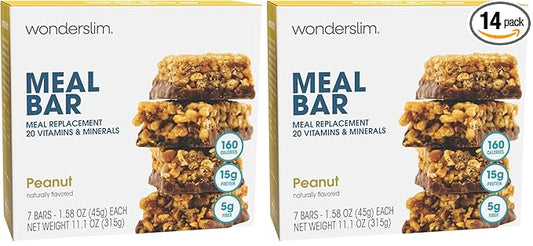 WonderSlim Meal Replacement Protein Bar, Peanut, 15g Protein, 20 Vitamins & Minerals, Gluten Free (7ct) (Pack of 2)