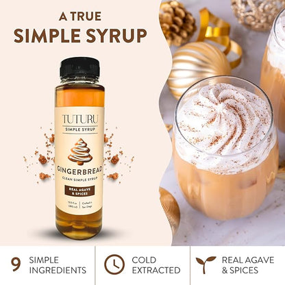 Gingerbread Simple Syrup for Coffee, Cocktails, Matcha - Sweetened with Agave Nectar - Infused with Real Gingerbread Spices - 13.5 oz