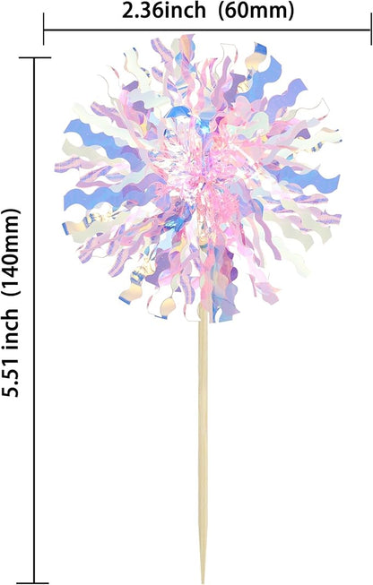 Ephlyn 30Pcs Foil Firework Cupcake Toppers Firework Cake Toppers Tinsel Flower Drink Stirrers Cocktail Food Fruit Toothpicks for Valentine's Day Party Decorations Pink