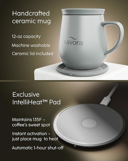 Temperature Control Smart Mug with Wireless Heating Pad - 12oz Ceramic Coffee Mug Warmer | Maintains 135°F Self Heating Cup | IntelliHeat Technology | USB-C Powered - Grey