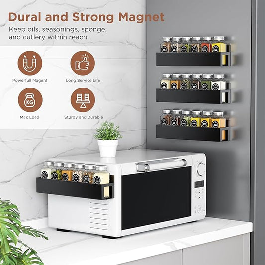 2 Pack Magnetic Spice Rack with 12 Spice Jars, Spice Labels, Magnetic Spice Organizer Shelf for Refrigerator, Microwave, Seasoning Organizer for Kitchen, Spice Jars with Label and Organizer Rack