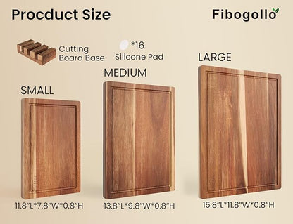 Acacia Wood Cutting Boards for Kitchen(Set of 3),Wooden Chopping Boards Set with Juice Groove, Large Serving Board with Holder,Butcher Block for Meat,Vegetables,Fruit