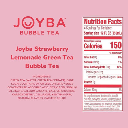 Joyba Bubble Tea Strawberry Lemonade Green Tea, 4 Pack, 12 fl. oz. Cups
