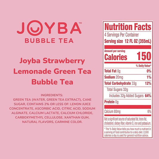 Joyba Bubble Tea Strawberry Lemonade Green Tea, 4 Pack, 12 fl. oz. Cups