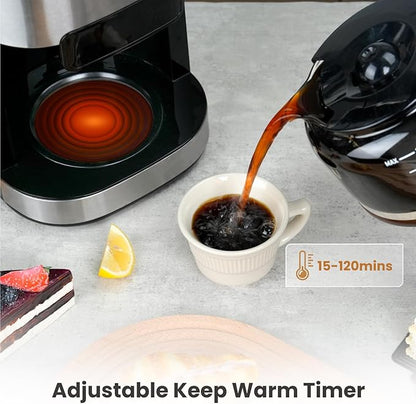 Gevi 10-Cup Coffee Maker with Built-in Burr Grinder, Programmable Timer, 1.5L Water Tank, Reusable Filter & Warming Plate – Drip Coffee Machine for Fresh Ground Coffee