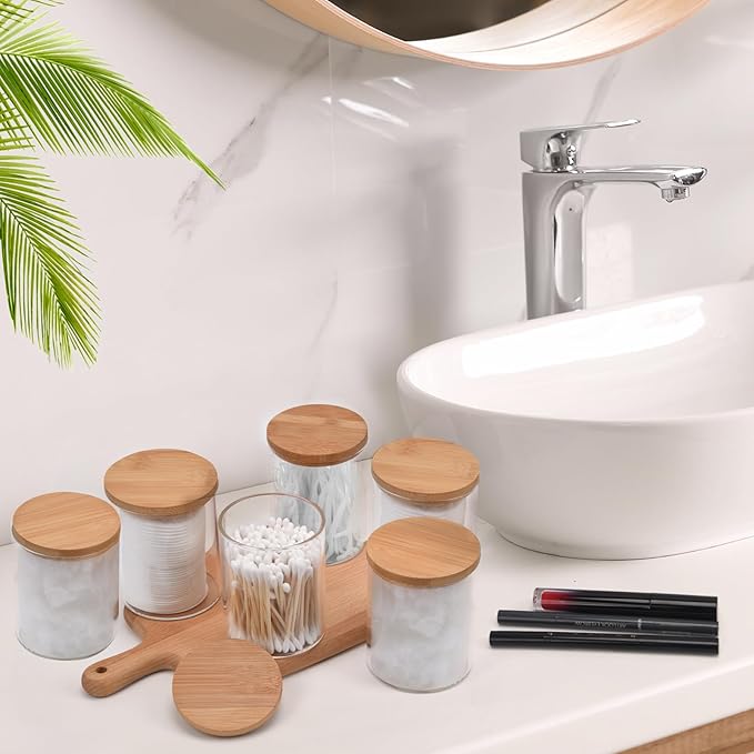 6 Pack Glass Qtip Holder Dispenser Set - Apothecary Jars with Lids for Vanity Makeup Organizer - Bathroom Canister Storage Organizer for Cotton Ball, Cotton Swab, Cotton Round Pads,Floss