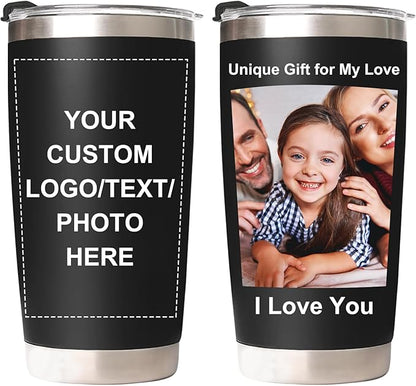 Personalized Coffee Tumbler with Pictures Text, 20oz Custom Insulated Stainless Steel Tumbler, Customized Christmas Birthday Gifts for Women Men, Custom Travel Coffee Cup with Lids