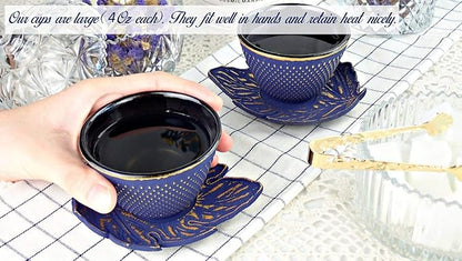 7PC Japanese Tea Set."Midnight Blue Koi" Cast Iron Tea Pot with 2 Tea Cups, 2 Saucers, Tea Infuser and Teapot Trivet. Ceremonial Matcha Accessories