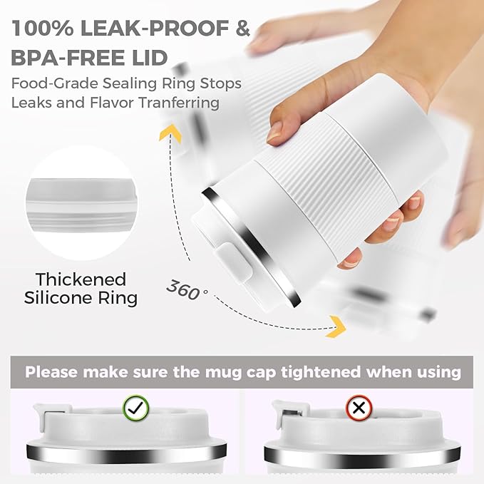 Volhoply 13 oz Stainless Steel Insulated Travel Coffee Mug with Fip Lid,Reusable Double Wall Vacuum Metal Coffee Cup,Portable to Go Leak Proof Cafe Thermal Tumbler for Hot & Cold Drinks(White,1)