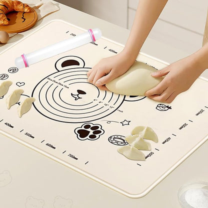 Little Bear Pastry Mat Set:Silicone Pastry Mat with Cake Scraper Rolling Pin Pastry Brush for Baking (standard, count, 3)