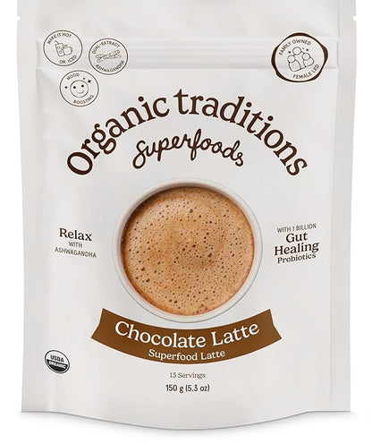 Organic Traditions Superfood Chocolate Latte – Creamy Coconut Milk Base - Dual Extract Ashwagandha – Easy to Mix - Sweetened with Coconut Palm Sugar – 1 Billion Probiotics per Serving - 150g/ 5.3oz Bag