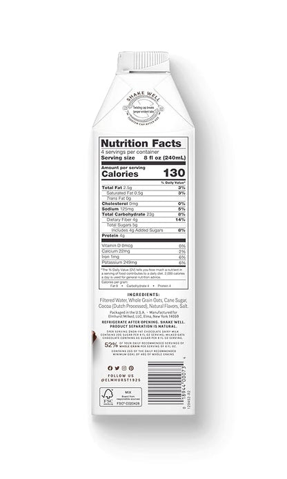 Elmhurst 1925 Chocolate Oat Milk - 32 Ounce (Pack of 6) Dairy-Free, Vegan, Kosher, Gluten-Free, Less Sugar, Shelf Stable Plant Based Milk Made with Whole Grain Oats & Cocoa for Smoothies & Baking