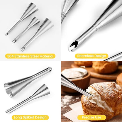 3Pcs Cream Icing Piping Nozzle Tips,Stainless Steel Long Puff Nozzle Tip With 10Pcs Disposable Piping Bags,Puff Pastry Filling Cake Decorating Tools