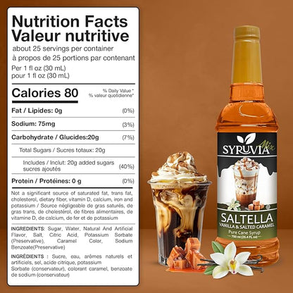 Syruvia SALTELLA Coffee Syrup Vanilla Salted Caramel - 25.4 fl oz - Kosher Coffee Syrups, Gluten Free, No Coloring, Perfect for Drinks, Soda, Shakes, Desserts, and More.