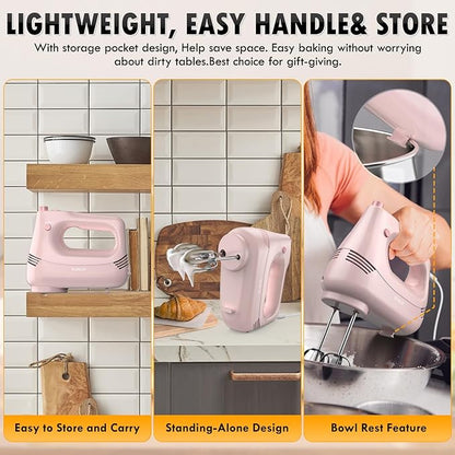 Electric Hand Mixer with Stainless Steel Whisk, Dough Hook Attachment and Storage Bag, Handheld Mixer for Baking Cakes, Eggs, Cream Food Mixers. Turbo Boost /5 Speed Kitchen Blender PINK