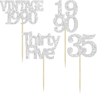Gyufise 24Pcs Happy 35th Birthday Cupcake Toppers Glitter Thirty Five 35 Fabulous Vintage 1990 Cupcake Picks for 30th Birthday Wedding Anniversary Party Cake Decorations Supplies Rose Gold