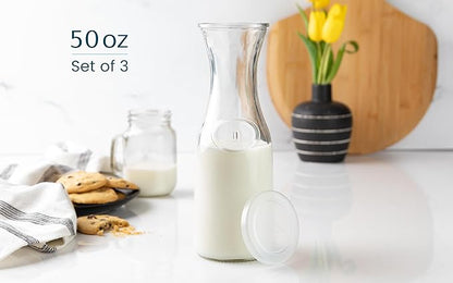 Glass Carafe Pitchers, by Kook, Large Carafe - set of 3, Beverage Dispensers, Clear Jugs For Mimosas, Water, Wine, Milk and Juice, with Plastic Lids, 50 oz Dishwasher Safe