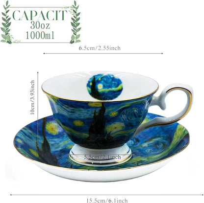 Floral Tea Cups Saucers Set of 2, Bone China 7 oz British Teacups Porcelain Coffee Cup for Rose Tea Cappuccino Espresso Latte (Starry Sky & Wheat Field)