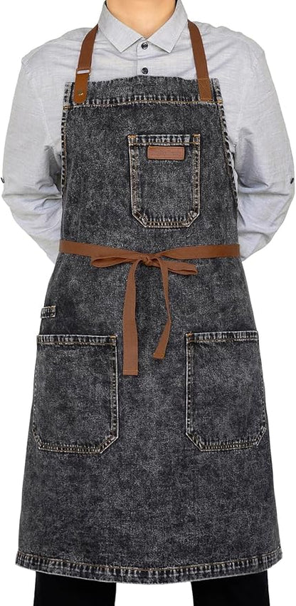 Denim Apron with Pockets, Mens Womens Professional Black Kitchen Bib Apron for Chef Cooking Grill BBQ, with Towel Loop and Adjustable Neck Straps