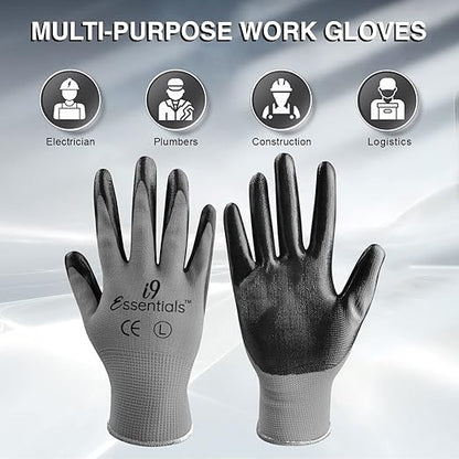 I9 Essentials Seamless Nitrile Coated Work Gloves, Large 6 Pairs, Black & Grey – Washable Grip for Construction, Gardening, Woodworking