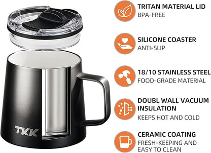 TKK 12 oz Insulated Coffee Mug with Handle Ceramic Coating Detachable Slider Lid Stainless Steel Tumbler Double Wall Vacuum Travel Cup