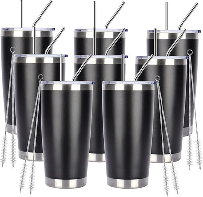 Pandance 20oz Stainless Steel Insulated Tumblers with Lid and Straw Bulk, Double Wall Vacuum Water Cups for Hot & Iced Coffee Drinks Travel Mug (Black, 8 pack)